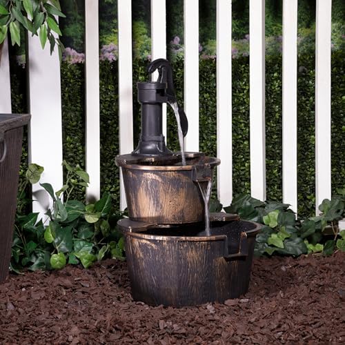 Alpine Corporation - Outdoor Rustic 2-Tiered Barrel and Pump Water Fountain – Bronze Finish, Relaxing Water Flow, Ideal for Garden, Patio, & Yard Décor, 27"H