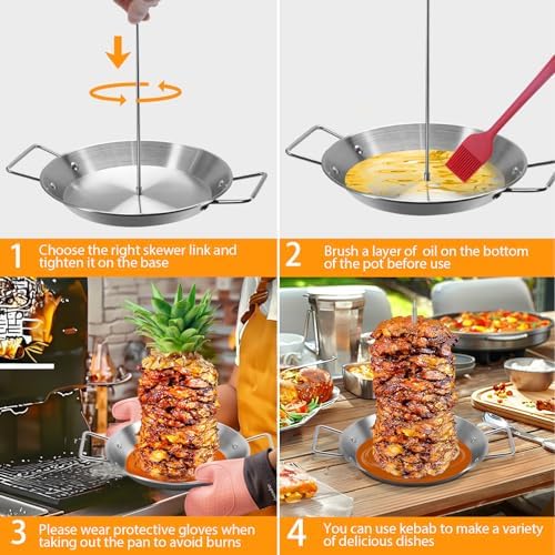Al Pastor Skewer for Grill, Shawarma Skewer Stand, Stainless Steel Brazilian Vertical Spit with 5 Removable Spikes(6"/8”/10"/12”/14")& Brushes, for Tacos Al Pastor, Grill Smoker Oven BBQ
