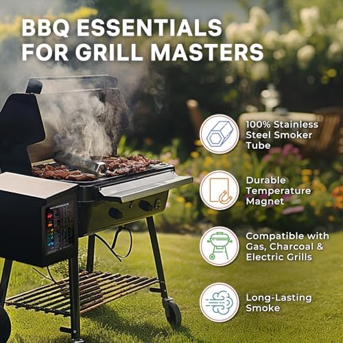 BBQ Meat Temperature Magnet & Pellet Smoker Tube Bundle – Durable Meat Smoking Guide & Stainless Steel Pellet Smoker Tube for Gas, Charcoal, & Electric Grills – Essential BBQ & Grilling Accessories