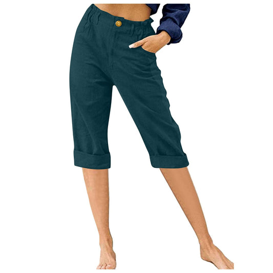 APIVOE Linen Capri Pants for Women Summer Casual Elastic Waist Cropped Pants Cotton Wide Leg Plus Size Capris with Pockets