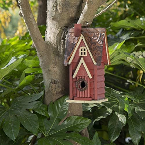 Glitzhome Solid Wood Distressed Cottage Garden Birdhouse Hanging Bird House for Outdoors 12" H,Red