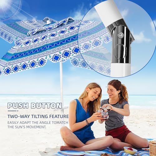 Aoxun Beach Umbrella with Tilt Pole, Portable Sand Anchor and Carry Bag, UPF 50+ Sun Shelter Air Vents Design for Outdoor Activities (Blue), 6.5ft