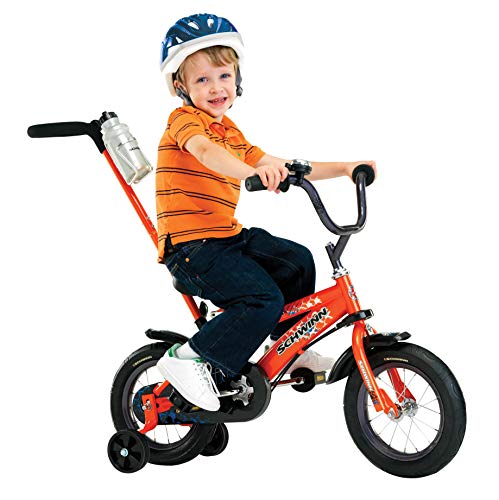 Schwinn Grit Push Steer and Ride Kids Bike, Boys Beginner Bicycle, 12-Inch Wheels, with Training Wheels, Parent Push Handle, Water Bottle and Holder, Orange/Black