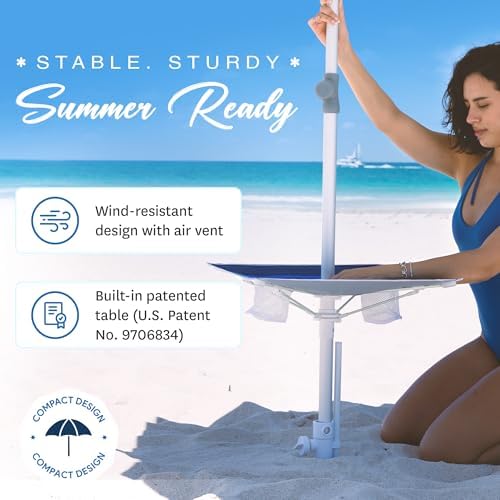 AMMSUN 7ft Heavy Duty High Wind Beach Umbrella with sand anchor, Built-in Table Tray Vent Tilt Pole, UPF 50+ Windproof Portable Outdoor Umbrellas Carry Bag for Patio Garden Pool Backyard stripe