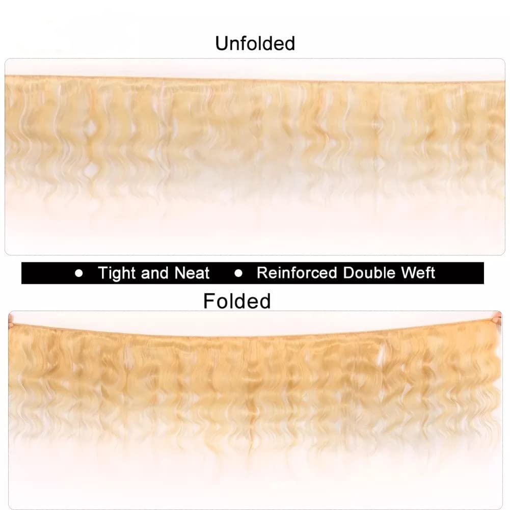Aopusi 613 Blonde Human Hair 3 Bundles with Frontal Brazilian Body Wave Bundles with 13×4 Free Part Frontal 100% Virgin Human Hair Weave with Swiss Lace Frontal Closure(10 12 14+10)