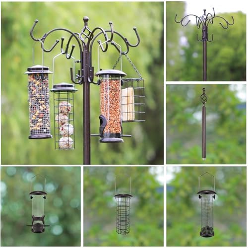 Deluxe Bird Feeding Station Kit Bird Feeder Pole with Squirrel Baffle, Suet Cage, Bath Tray for Planter Hanger - Wildlife-Friendly Design