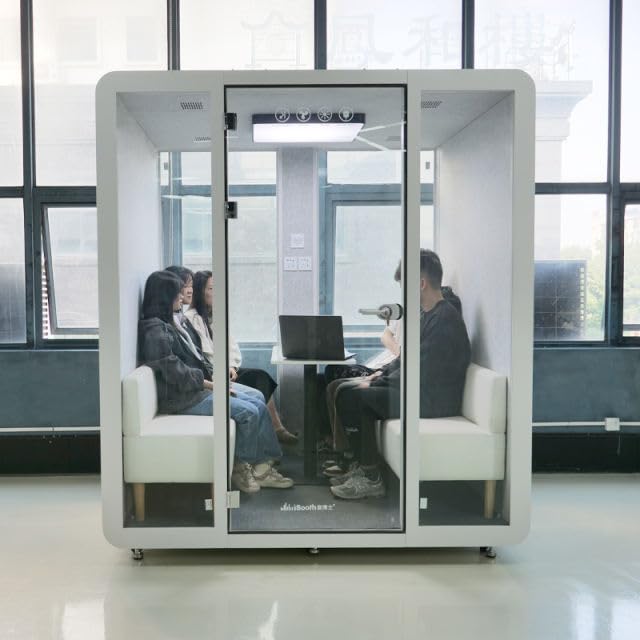 Generic Sound Proof Mobile Office Pod Booth Meeting Room for Home Office with Glass Door, LED Lights, Stand Alone, Folding Conference Table with Wheels, Suitable for 6 People (Large), White
