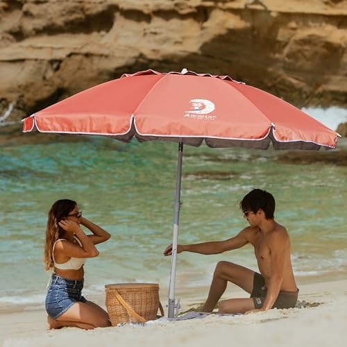 AMMSUN 8 Feet Large Beach Umbrella with Sand Anchor Heavy Duty High Wind Portable Outdoor Umbrellas UV 50+ Protection Air Vent Tilt Patio Garden Pool