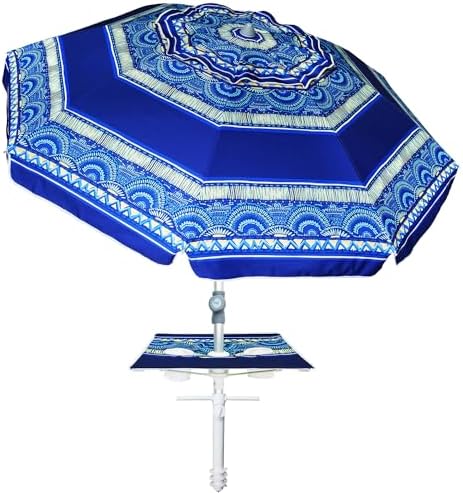 AMMSUN 7ft Heavy Duty High Wind Beach Umbrella with sand anchor, Built-in Table Tray & Tilt Pole, UPF 50+ Windproof Portable Outdoor Umbrellas Carry Bag for Patio Garden Pool Backyard stripe (Haute