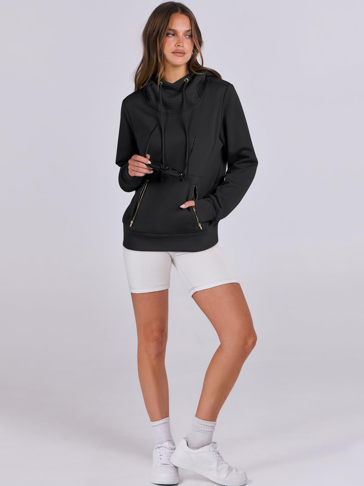 ANRABESS Womens Hoodie Cowl Neck Long Sleeve Sweatshirts 2024 Winter Fashion Pullover With Drawstring Teen Girls Clothes Black Small