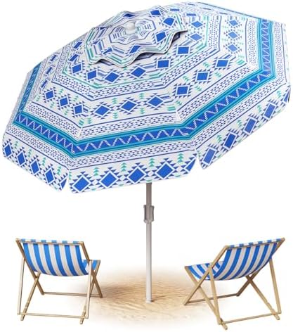 Aoxun Beach Umbrella with Tilt Pole, Portable Sand Anchor and Carry Bag, UPF 50+ Sun Shelter Air Vents Design for Outdoor Activities (Blue), 6.5ft