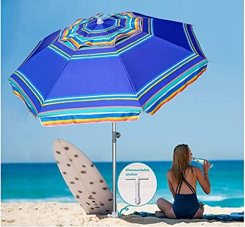 AMMSUN 7ft Heavy Duty High Wind Beach Umbrella Parasols with Sand Anchor Vent Tilt UV 50+ Sun Protection Portable Outdoor Sunshade Umbrellas Carry Bag for Patio Garden Pool Backyard Blue