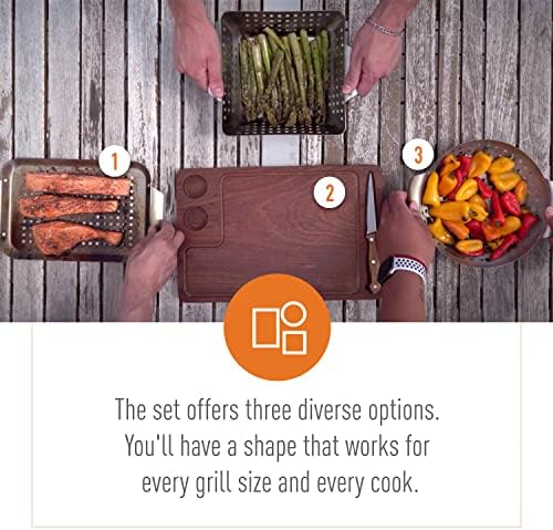 Grill Basket - Yukon Glory™ 3-Piece Mini Grilling Basket Set - Stainless Steel Perforated Grill Baskets for Grilling Veggies Seafood and Meats Includes Grill Pan - Square Basket and Circular Basket