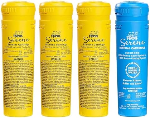 FROG Serene Replacement Mineral Cartridge with 3 Replacement Bromine Cartridges for use with Hot Tub FROG Serene Floating Sanitizing System - Prefilled for Quick & Easy Hot Tub Maintenance