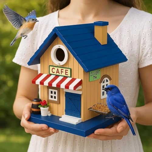 Colorful Bluebird House - Solid Cedar Wood Bird House + Feeder - Stainless Hardware - 2 Optional Hole Size 1.5" /1.25" - Post Mountable Multi-Functional (American Cafe)