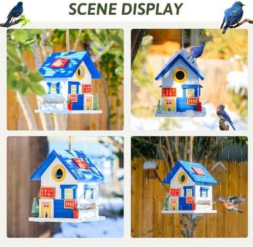 2IN1 Bluebird House+Bird Feeder - Bird House Clearance for Outside - Stainless Steel Perch Hinges - Removable Protector - Bluebirds, Sparrows, Chickadees Bird House for Outside on Pole Post