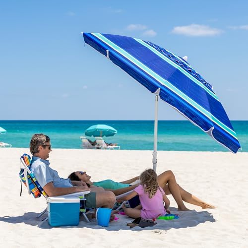 AMMSUN 8 Feet Large Beach Umbrella with Sand Anchor Heavy Duty High Wind Portable Outdoor Umbrellas UV 50+ Protection Air Vent Tilt Patio Garden Pool