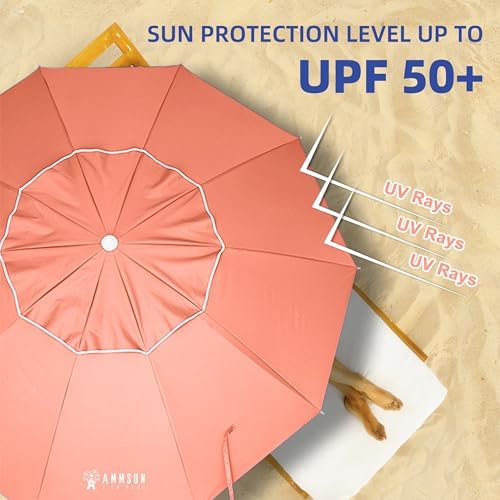 AMMSUN 8 Feet Large Beach Umbrella with Sand Anchor Heavy Duty High Wind Portable Outdoor Umbrellas UV 50+ Protection Air Vent Tilt Patio Garden Pool