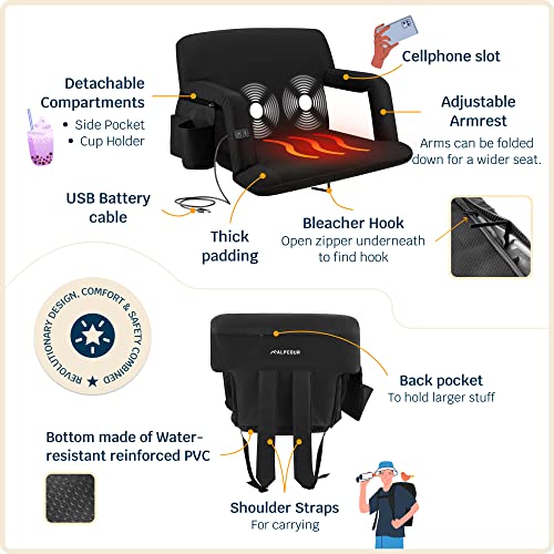 Alpcour Heating Massage Stadium Seat – Deluxe Reclining Bleacher Chair with Back & Arm Support – Built-in Heater and Massager - Extra Thick, Lightweight and Waterproof with Detachable Pockets