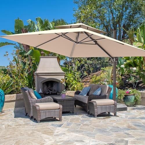 10x13FT Cantilever Outdoor Patio Umbrellas, Double Top Large Rectangle Umbrella, Heavy Duty 360° Rotation Offset Outdoor Sun Shade Umbrella for Garden Deck Pool Backyard Patio, Beige