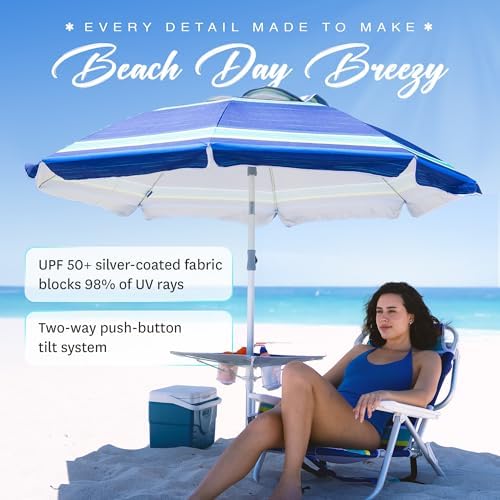 AMMSUN 7ft Heavy Duty High Wind Beach Umbrella with sand anchor, Built-in Table Tray Vent Tilt Pole, UPF 50+ Windproof Portable Outdoor Umbrellas Carry Bag for Patio Garden Pool Backyard stripe
