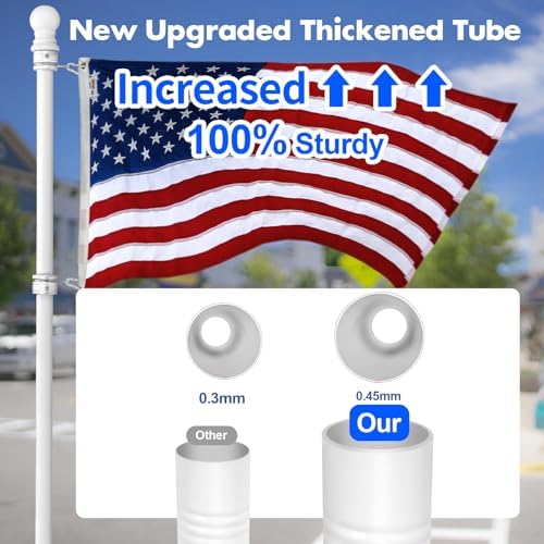 Anovo Flag Pole Kit- Stainless Steel 5 FT Flag Poles with1 Inch Metal 360° Rotating Flag Pole Rings Clip, Two-Position Flag Pole Holder Brackets Mounting for Outside House Outdoor Porch(5 FT - White)