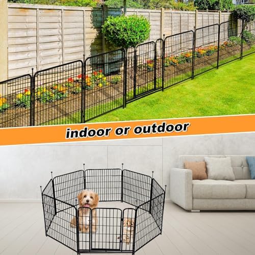 Tall Garden Fence with Gate 48 in(H)×27 in(L) 12 Panels Total 26.6 Ft(L), Garden Fencing to Keep Dogs Out, Heavy Duty Iron Metal Animal Barrier Fence, Flower Bed Fencing