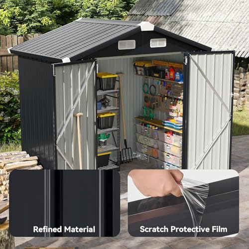 Aoxun 6.2x4 FT Shed Outdoor Galvanized Storage Shed with Large Lockable Doors for Lawn, Backyard, Patio (Black/Galvanized Base Included)
