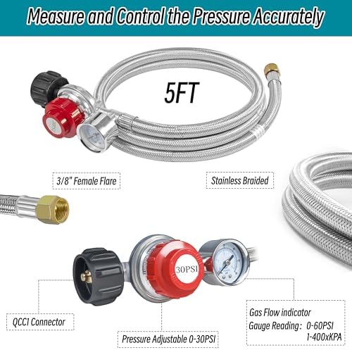 High Pressure Cast-Iron Round Burner Head, 30PSI Adjustable High Pressure Propane Regulator with 5FT Stainless Braided Hose and Brass Fitting for Propane Burner Head fit for Cooking Outdoor