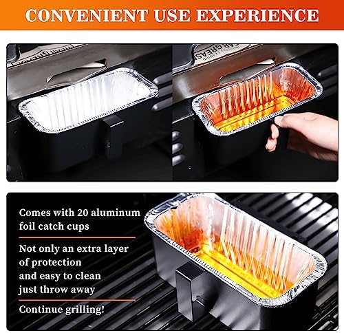 GRISUN Grease Catcher for Blackstone Griddle 17, 22, 28, 30 & 36 inches, 20 Pack Grease Cup Liners, Disposable foil drip Pans for Blackstone Flat Top Grill, Grill Accessories Kit, 3 Different Hooks