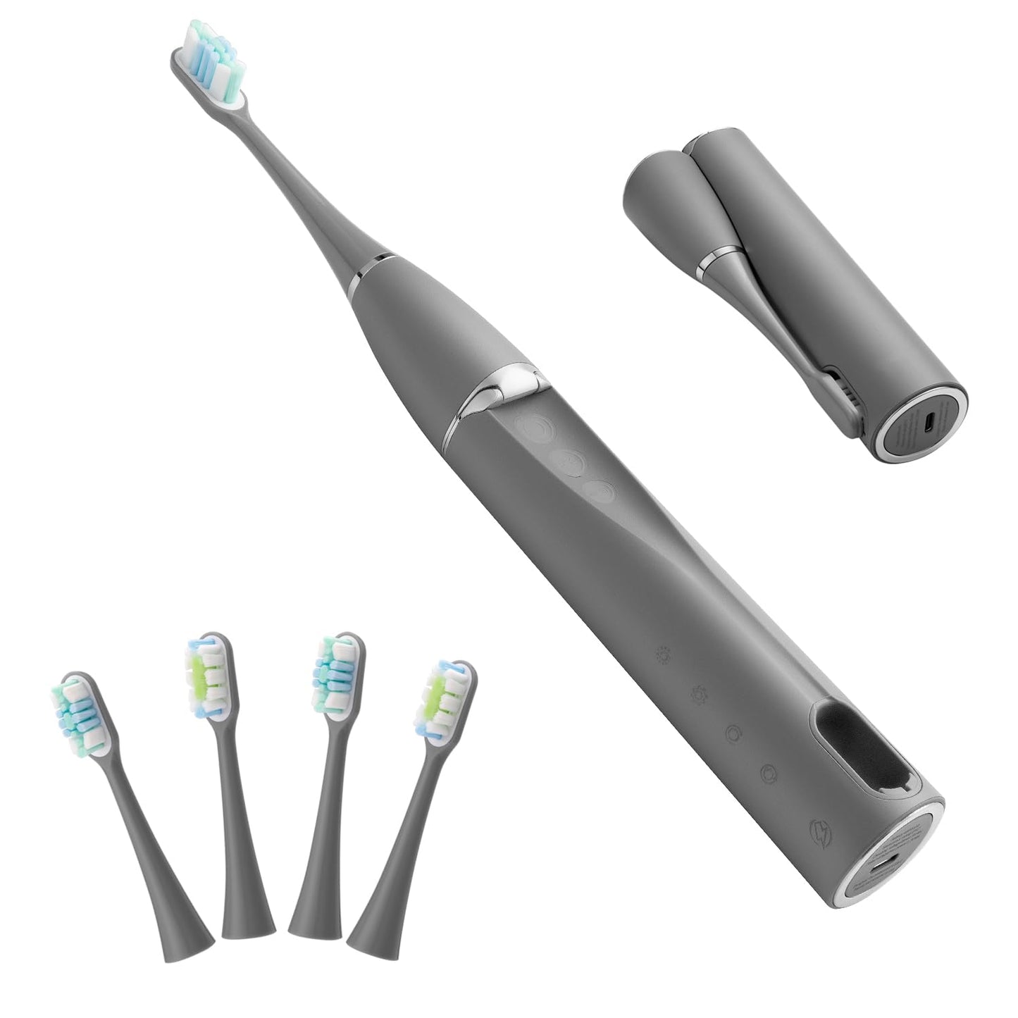 AIDBYIOT Folding Electric Toothbrush Grey Sonic Electric Toothbrush Self Cleaning Travel Toothbrush Rechargeable Portable.4 Brush Heads.
