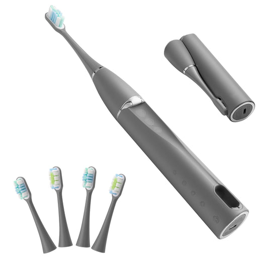 AIDBYIOT Folding Electric Toothbrush Grey Sonic Electric Toothbrush Self Cleaning Travel Toothbrush Rechargeable Portable.4 Brush Heads.