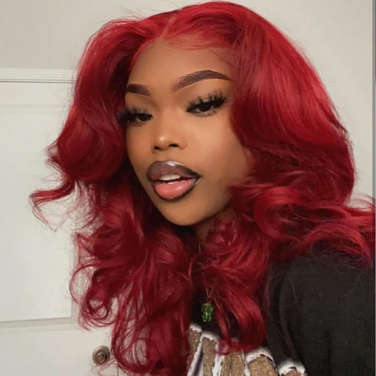 ANDRIA 13X4 HD Lace Front Wigs Pre-Plucked Hairline 16 Inches Body Wave Burgundy Glueless Lace Frontal Wigs with Baby Hair Short Bob Wig 200% Density Wine Red Loose Wave Short Curly Lace Closure Wig