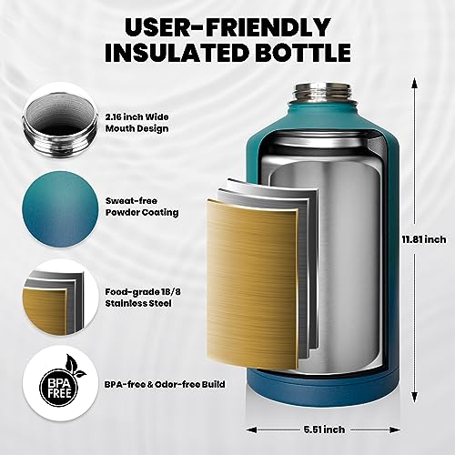RAYMYLO One Gallon Water Bottle Insulated, Triple Walled Vacuum Stainless Steel (Cold for 48 Hrs), Leak Proof & Non-BPA, Large Water Flask Jug with Paracord Handle & Straw Spout Lids