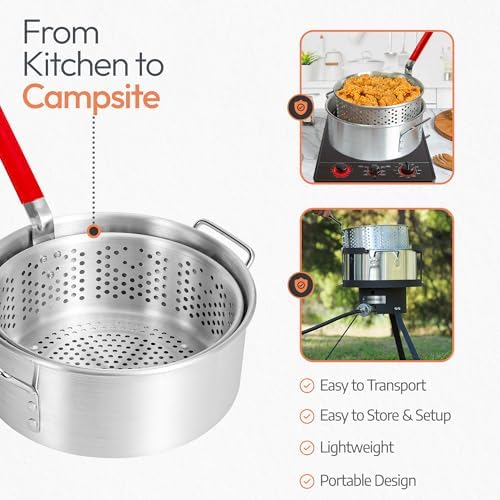 Aluminum Fish Fryer Pot with Basket | 10QT Deep Frying Pot with Handle | Outdoor Oil Fryer pan with Fry Basket | Cooking Pot | Fried Chicken, Fish, Seafood, Turkey Legs, French Fries