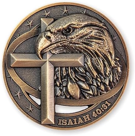 Antique Gold-Color Plated American Bald Eagle and Cross Christian Challenge Coin - Pack of 10 Bulk - Inspiring Strength and Faith - Great Gift for Men, Women, Boys, and Girls