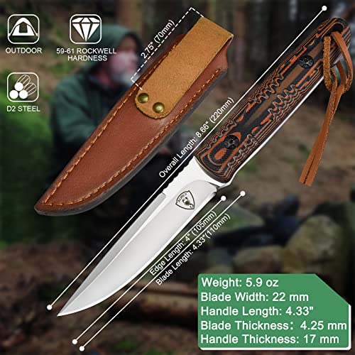 AUBEY Fixed Blade Hunting Knife Full Tang with Leather Sheath for Men, D2 Blade Outdoor Survival Camping Knife, G10 Handle