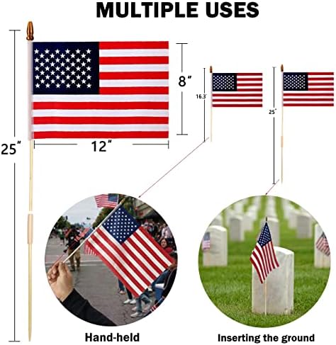 12 Pack 8x12 Inch American Flags on Stick, American Flags for Outside, USA Stick Flag with Handheld and Grounded Multi-Purpose Flagpole, Memorial Day, 4th of July Decorations, Veterans Day, Patriotic Decorations