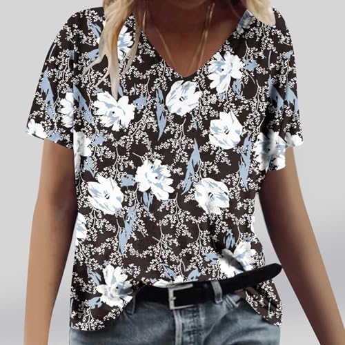 Ladies Tops and Blouses Clearance Under 10 Dollars Summer Tops for Women 2024 Short Sleeve V Neck T Shirts Trendy Vintage Printed Basic Tees Loose Comfy Blouses Casual Outfits