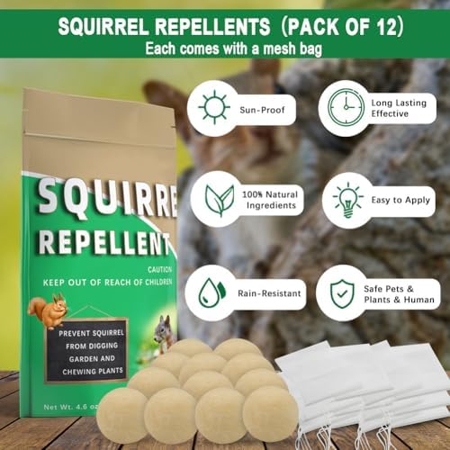 Squirrel Repellent Outdoor, Chipmunk Repellent, Squirrel Repallent for Garden & Yard, Attic Squirrels Deterrent, Keep Chipmunk Away, Get Rid of Squirrels for Tree, Bird Feeders, Plant-12P