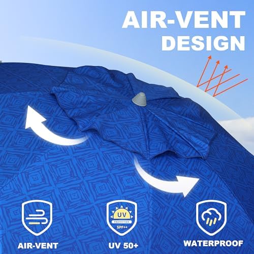 AMMSUN Beach Umbrella With Sand Anchor & Table Tray, 6.5ft Portable Heavy Duty Sun Outdoor Umbrella, UV 50+ Protection, Carry Bag for Patio, Pool and Garden, Blue