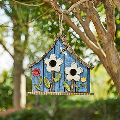Glitzhome Hanging Birdhouses for Outdoors, 10.75" L Distressed Solid Wood Birdhouse with 3D Flowers Rustic Hand-Painted Bird Houses for Outside