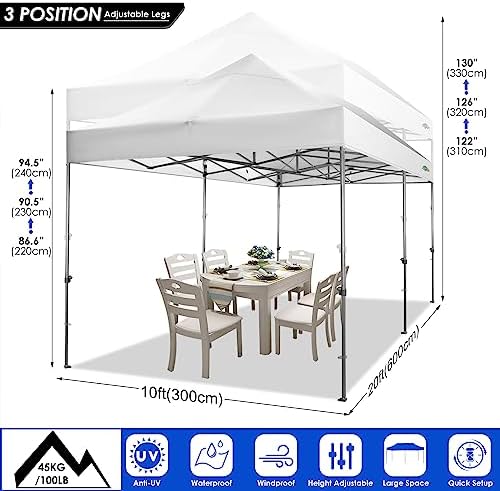 COBIZI 10x20 Heavy Duty Pop up Canopy Tent with 6 sidewalls Easy Up Commercial Outdoor Wedding Party Tents for Parties All Season Wind & Waterproof Gazebo Roller Bag,White(Frame Thickened)