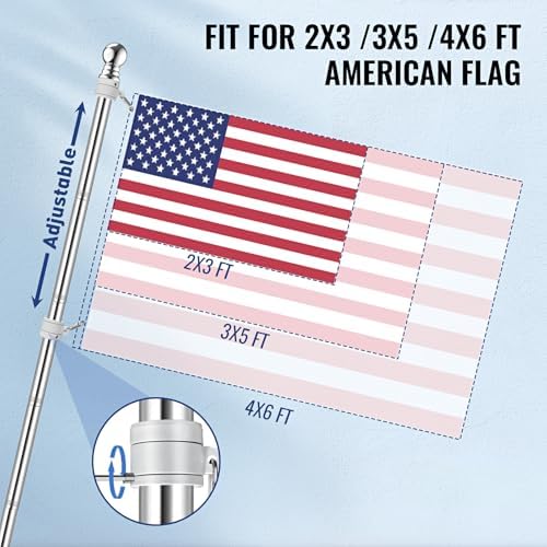 American Flag Pole Kit, Including 100% Polyester 3x5 ft US Flag, 5 Ft Aluminum White No Tangle Spinning Pole and Multi-Position Flag Pole Bracket