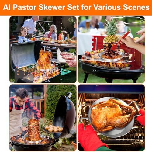 Al Pastor Skewer for Grill, Extra Large 13 Inch Gyro Pan with Fat Separator, Brazilian Spit Stand with 5 Spikes & 2 Brushes, Stainless Steel Vertical Sticks for Shawarma, Chicken on Smoker Oven