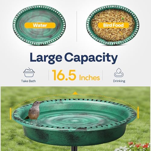 VIVOHOME Oval Polyresin Bird Bath Bowl with Solar Fountain, 29 Inch Height Outdoor Freestanding Birdfeeder with Metal Stake, Capacity 1.3 Gallons, 5-Pronged Base, Green