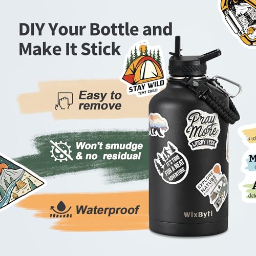 WixByti 40 oz Insulated Water Bottle with Straw (Cold for 48 Hrs), Stainless Steel Triple Wall Vacuum Sports Water Jug, Leakproof Hydro Cup Flask with Paracord Handle & Straw Spout Lids & DIY Stickers