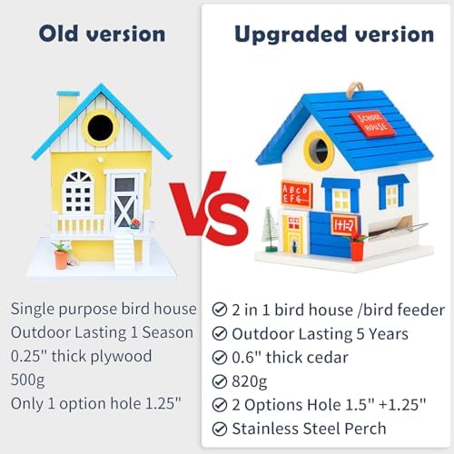 2IN1 Bluebird House+Bird Feeder - Bird House Clearance for Outside - Stainless Steel Perch Hinges - Removable Protector - Bluebirds, Sparrows, Chickadees Bird House for Outside on Pole Post