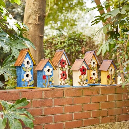 Glitzhome 10.2" H Hanging Bird House for Outdoor Patio Garden Decorative Birdhouse Pet Cottage Distressed Wooden Birdhouse, Yellow Flower