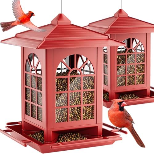 Birdream 2 Pack Bird Feeders for Outdoors Hanging - 7LB Total Capacity Classic Courtyard Design Fun Assembly Large Bird Feeder, Attracting Wild Birds Cardinals Goldfinches Sparrows - Red